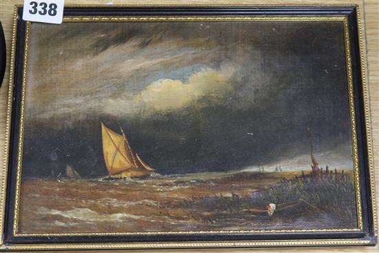 Norwich School, oil on canvas, Sail barge off the coast, 17 x 25cm